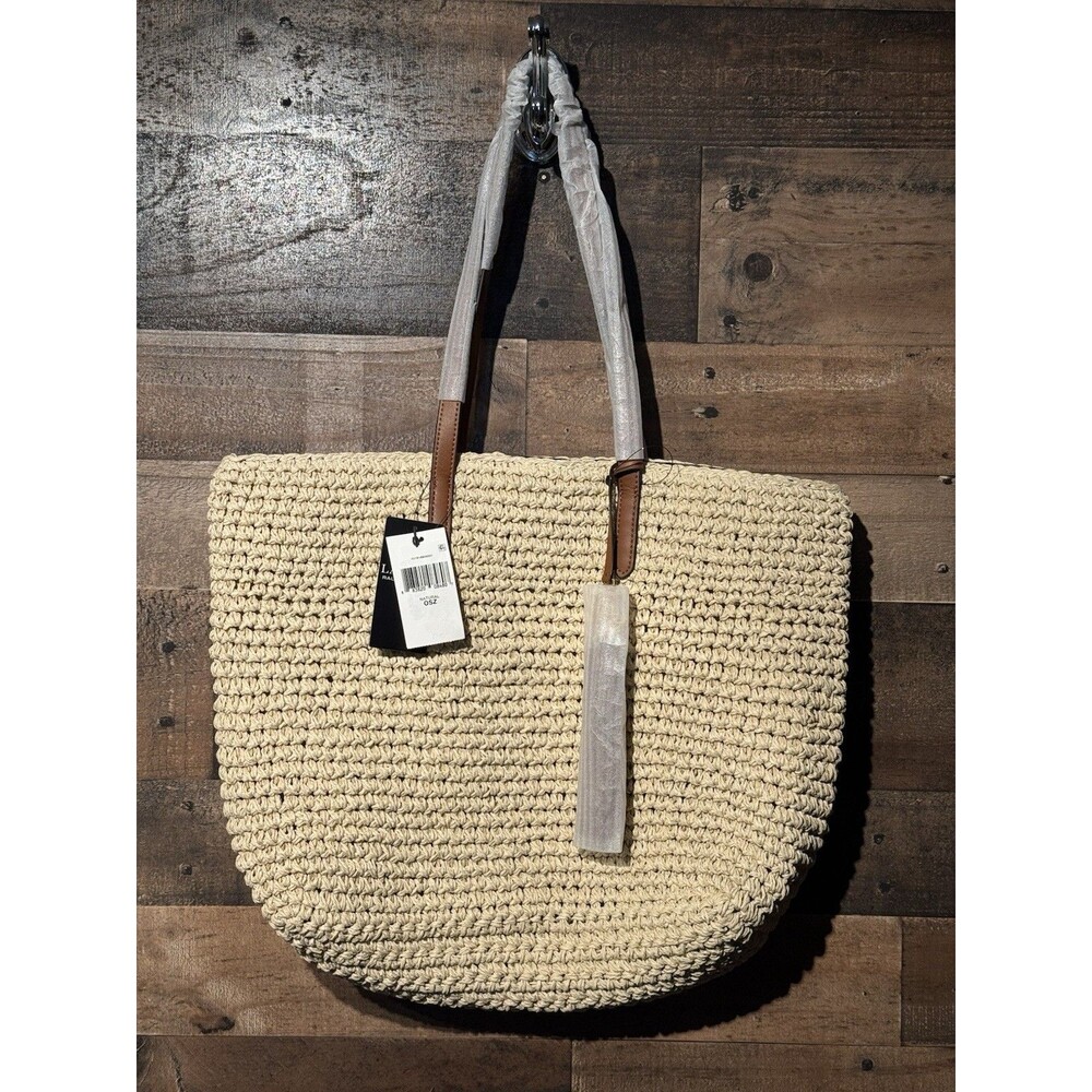 NWT Lauren RALPH LAUREN Crochet-Straw Medium Whitney Tote Natural/Lauren Tan - Picture 8 of 16